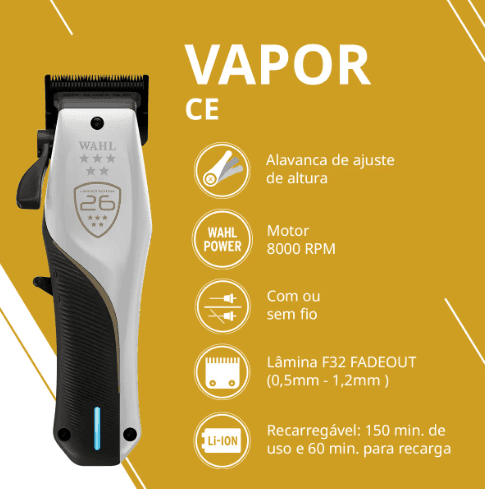 Wahl Vapor Ce Edição Limitada 8000 Rpm Maquina De Corte | Loja Wahl Vapor Ce Edição Limitada 8000 Rpm Maquina De Corte | Loja